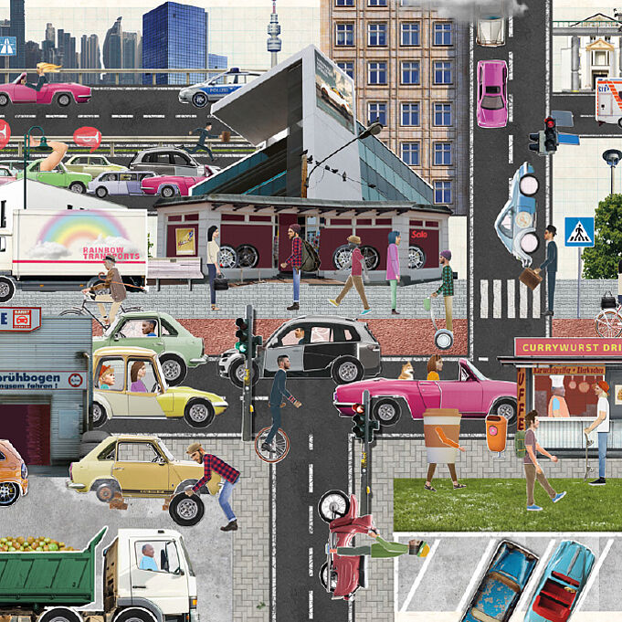 Digitale bunte Bild Collage zeigt eine abstrakte Verkehrssituation im Stil des Corporate Designs der Ausstellung