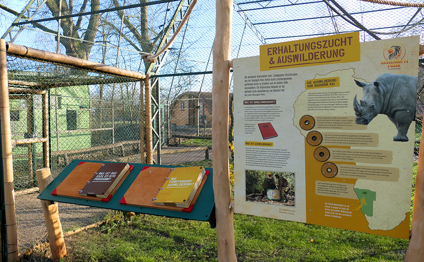 Interactive learning station for browsing and information board about conservation breeding and release into the wild