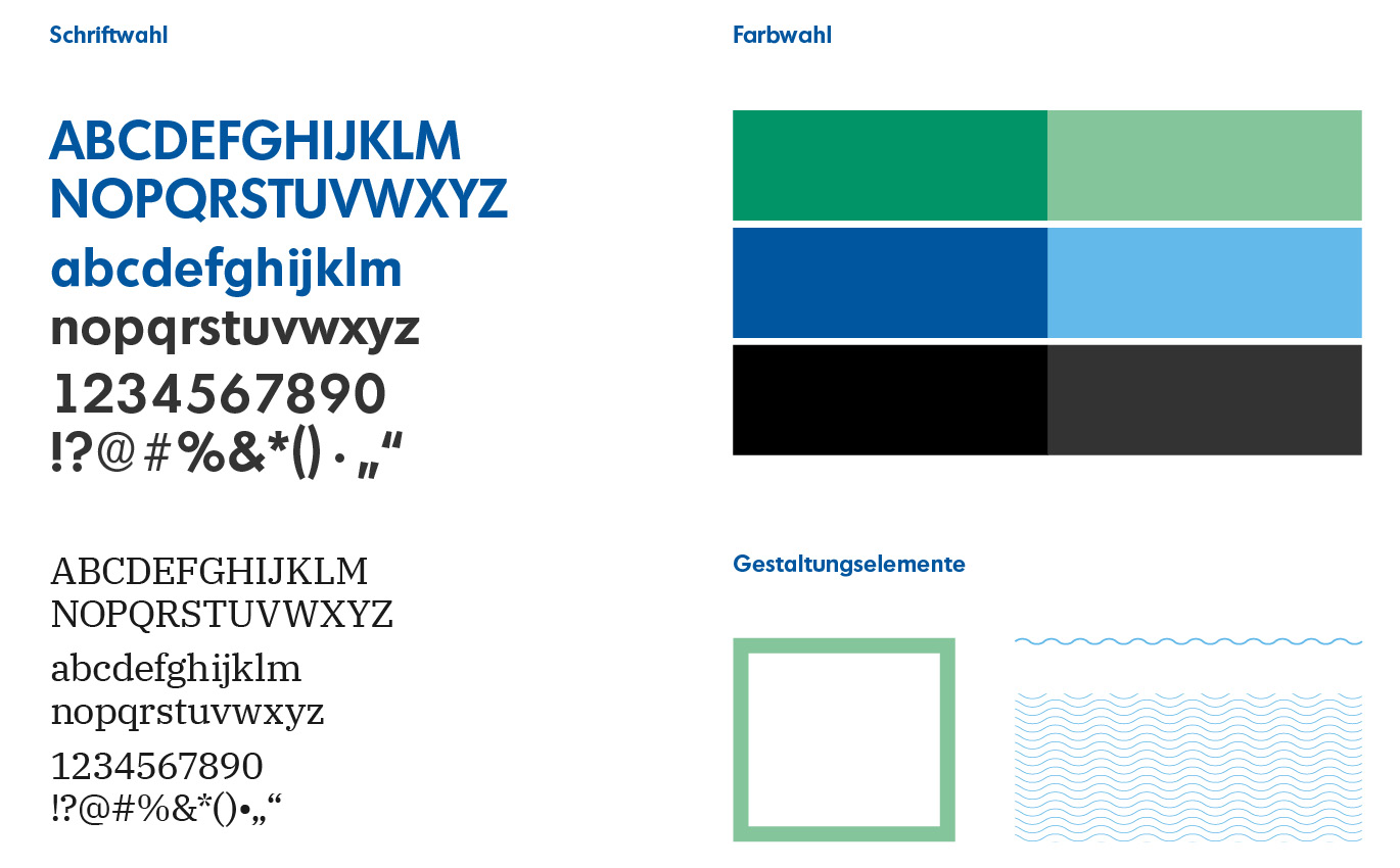 Corporate design elements: font choice, colour choice, design elements