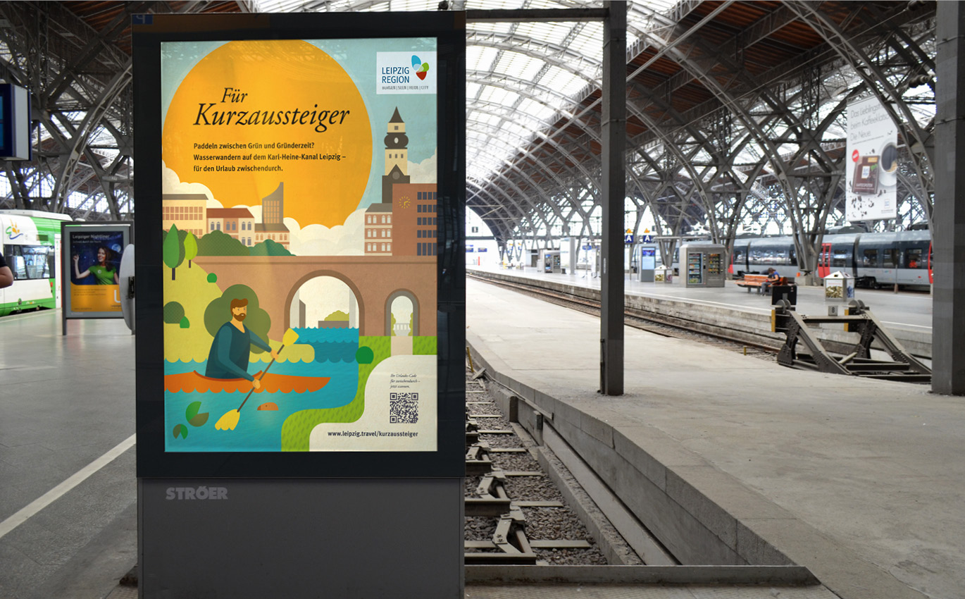 Farbenfrohe Illustrationen der Kampagne Für Kurzaussteiger am Bahnhof